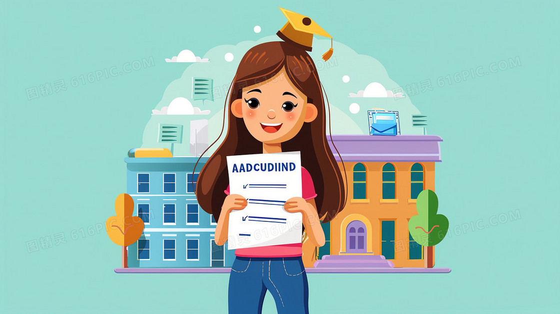 双手拿证书的小女孩插画