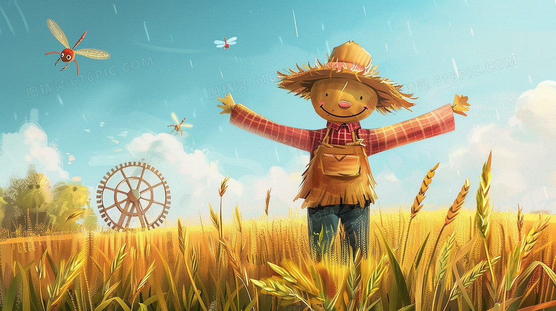 田野里的稻草人水车插画