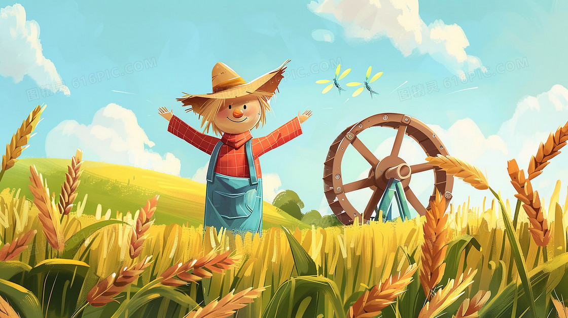 田野里的稻草人水车插画