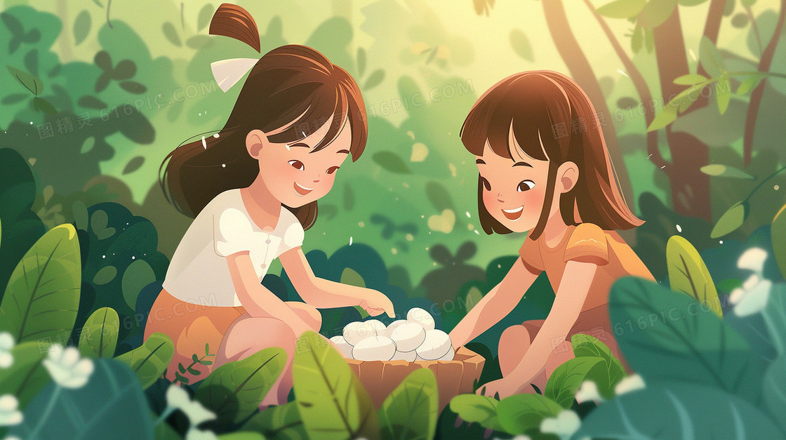 草丛捡蚕茧的两个女孩插画