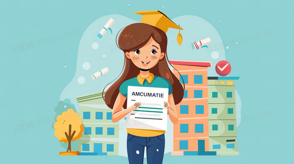 双手拿证书的小女孩插画