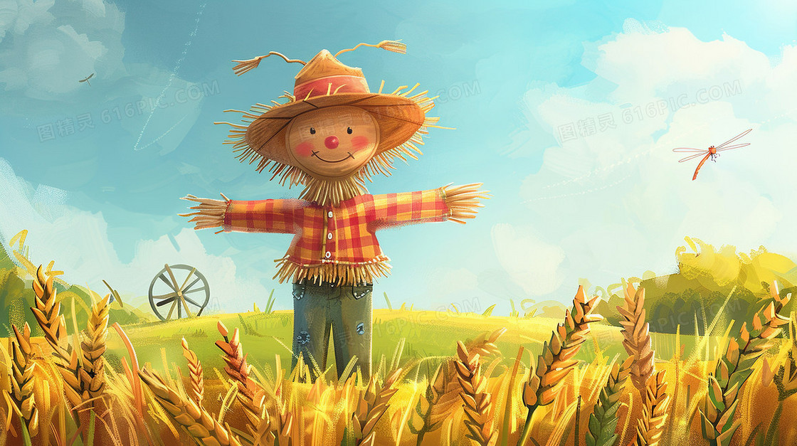 田野里的稻草人水车插画