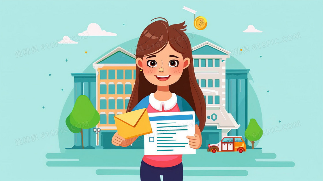 双手拿证书的小女孩插画