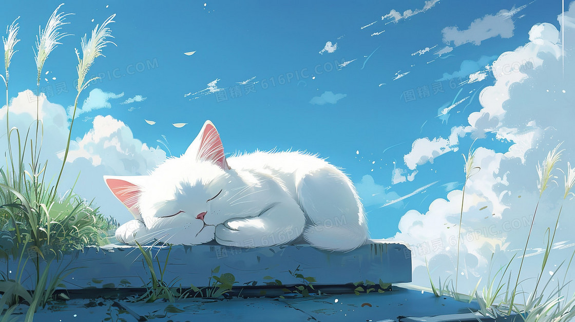 趴在石基上睡觉的白猫插画