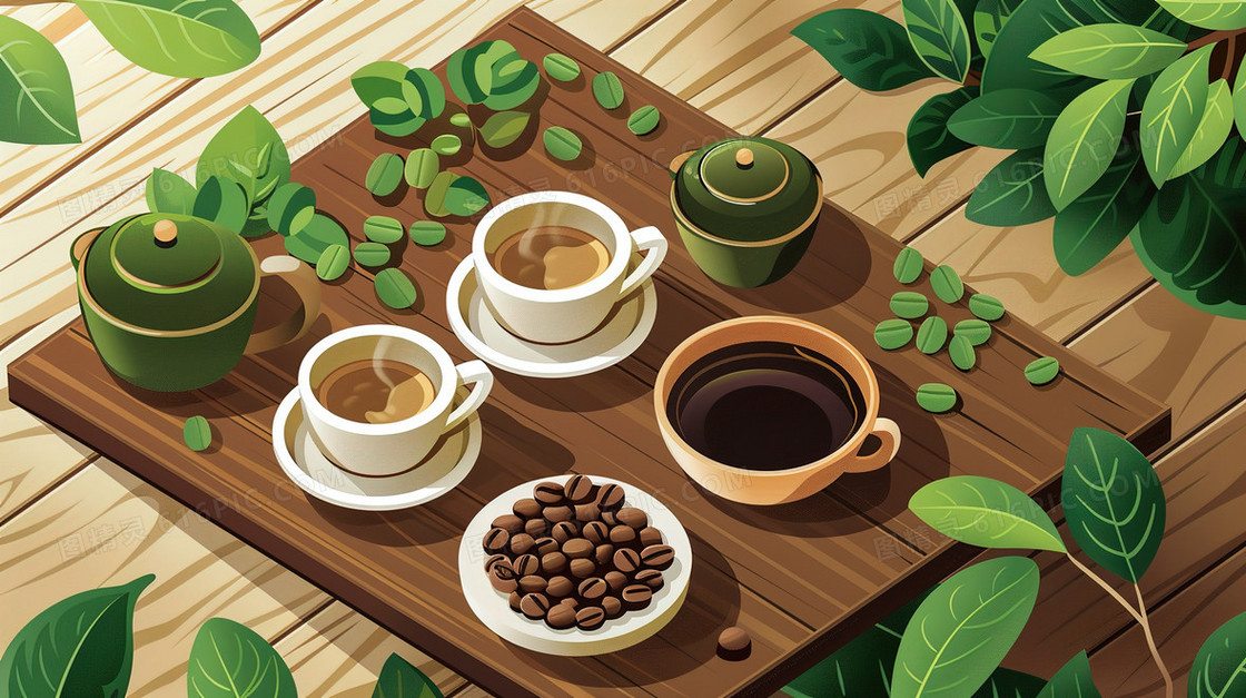 花园木桌上的几杯咖啡插画