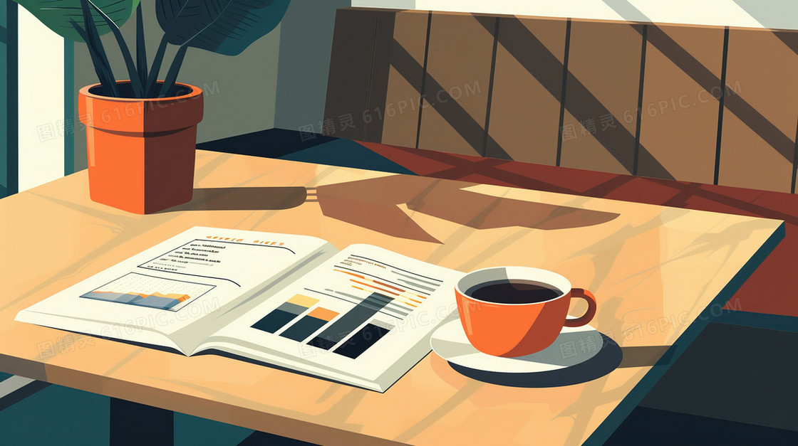 咖啡厅桌子上打开的书本和一杯咖啡插画