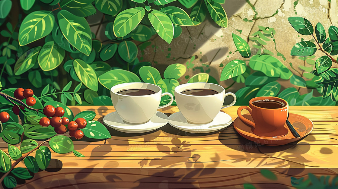 花园木桌上的几杯咖啡插画