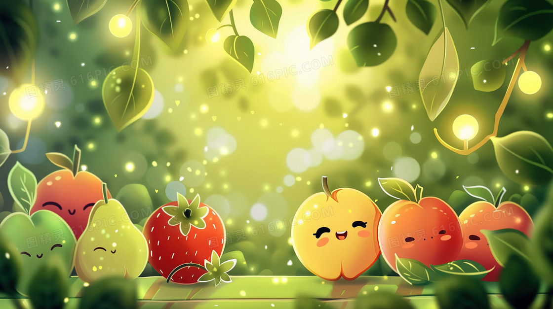 夏日森林中的可爱水果插画