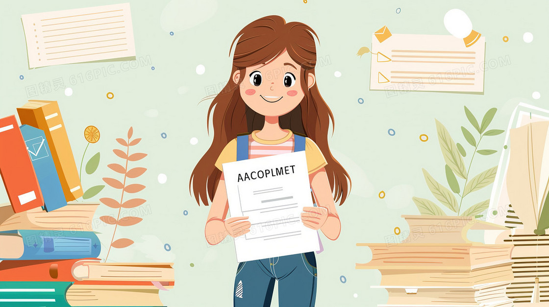 双手拿证书的小女孩插画