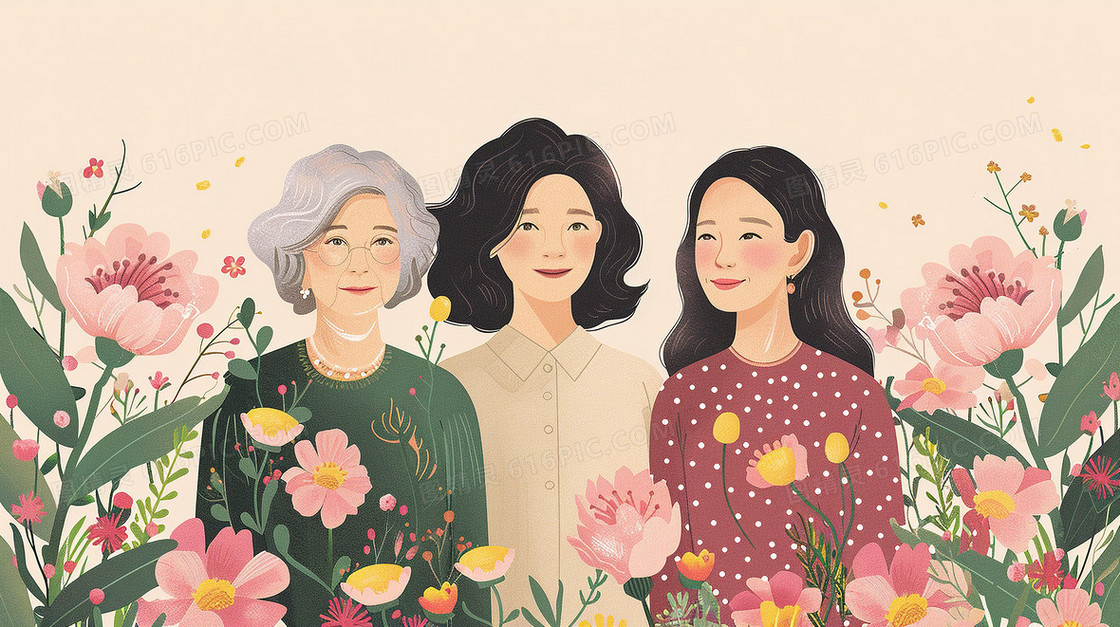 祖孙三人拍摄合影插画