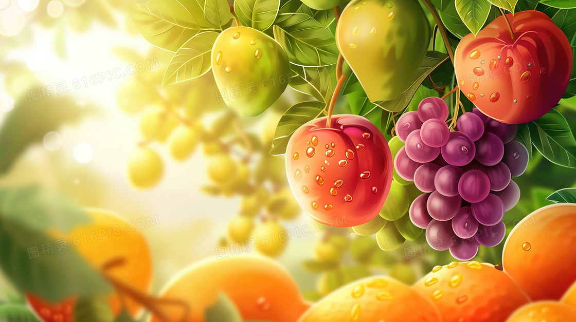 夏日森林中的缤纷水果插画