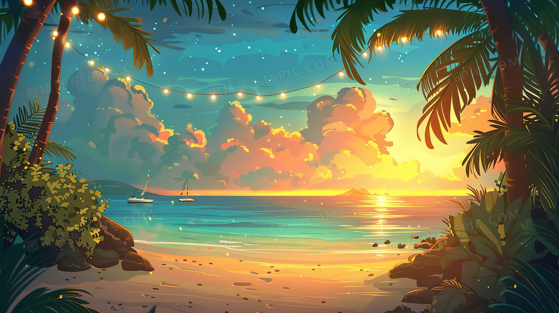 夏季的海岛沙滩一角插画