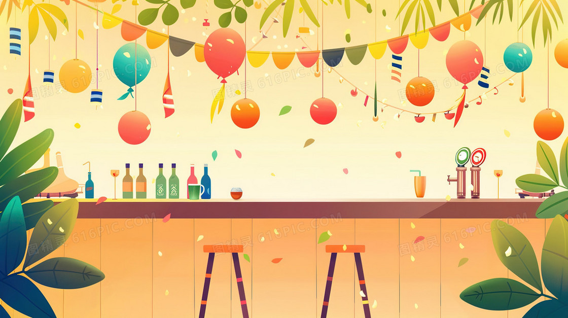 庆祝派对酒吧吧台上摆放着的饮品插画