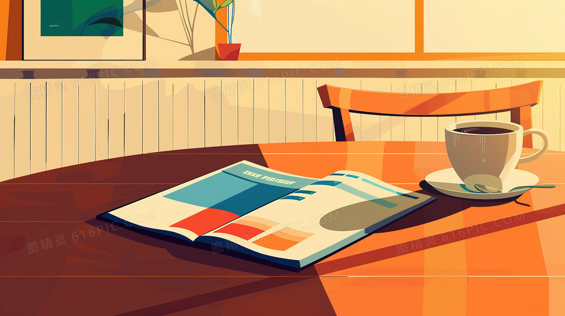咖啡厅桌子上打开的书本和一杯咖啡插画