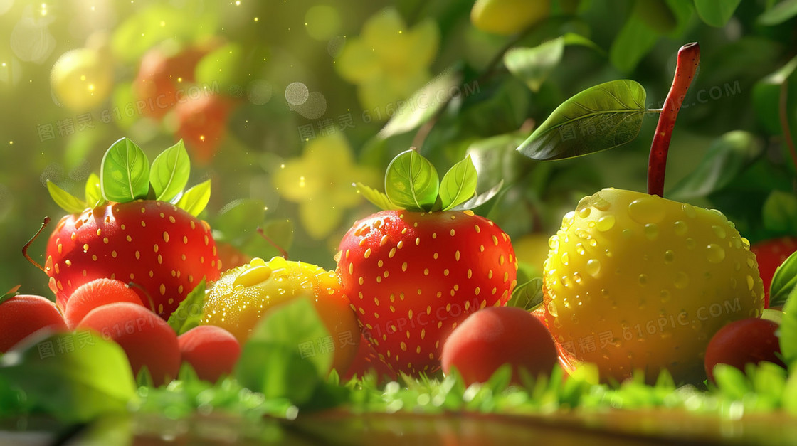 夏日森林中的缤纷水果插画