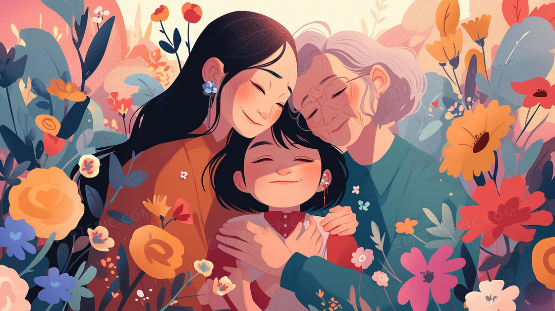 祖孙三人拍摄合影插画