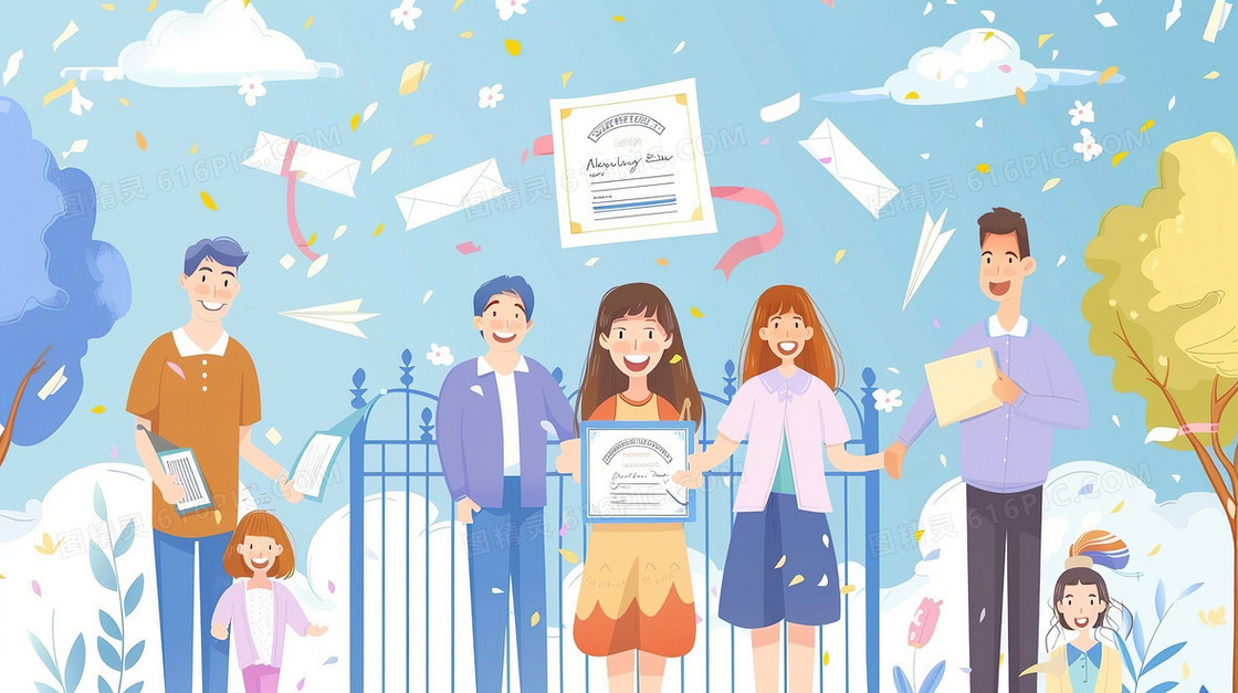 校门口手拿录取通知书的女孩插画