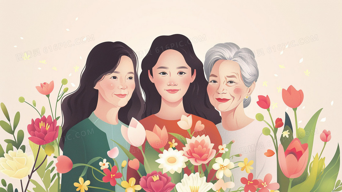 祖孙三人拍摄合影插画