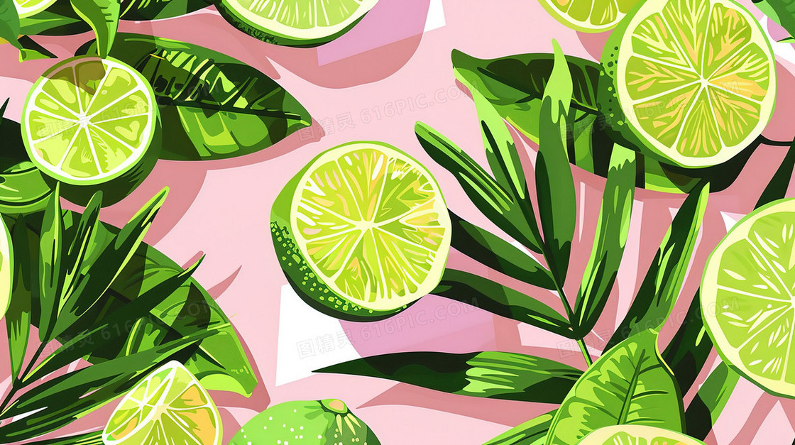 粉红色底色上的青柠檬与绿叶装饰背景