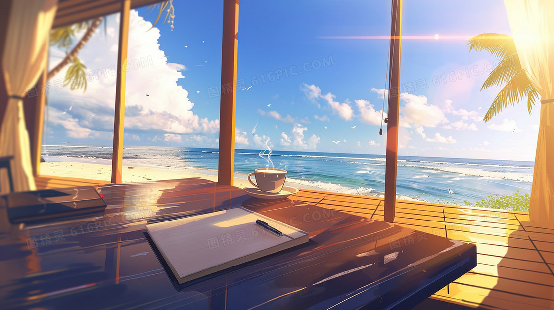 海边木桌上的笔记本与咖啡插画