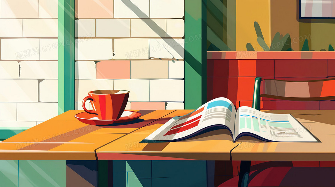 咖啡厅桌子上打开的书本和一杯咖啡插画