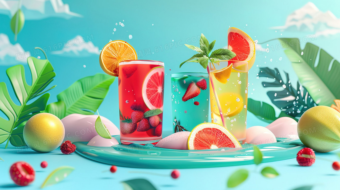 夏日清凉鲜果汁饮料插画