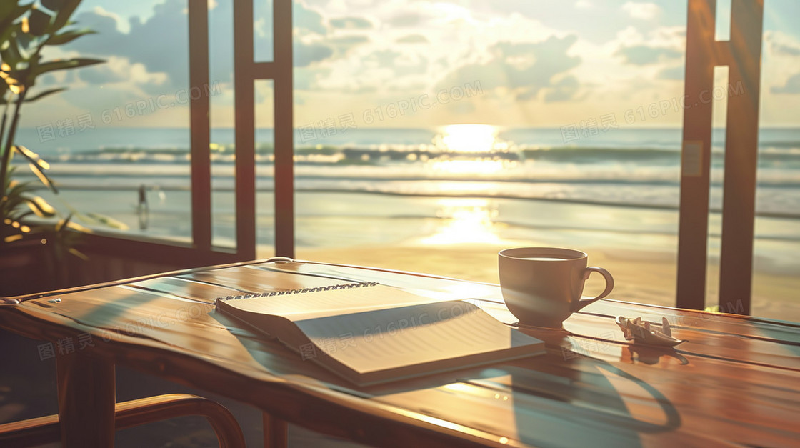 海边木桌上的笔记本与咖啡插画