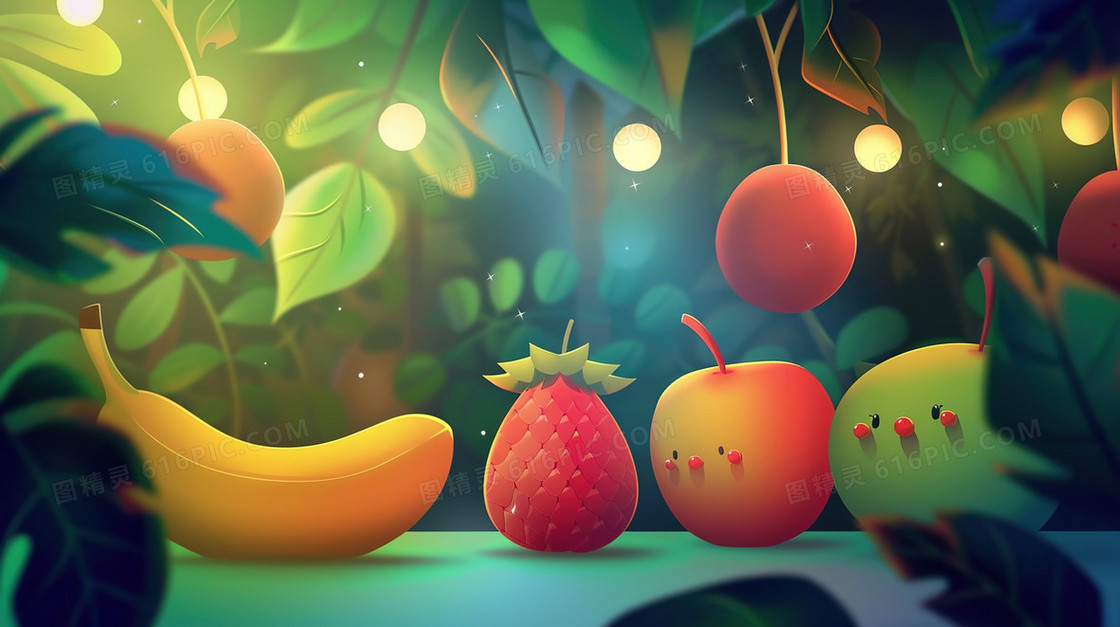 夏日森林中的可爱水果插画