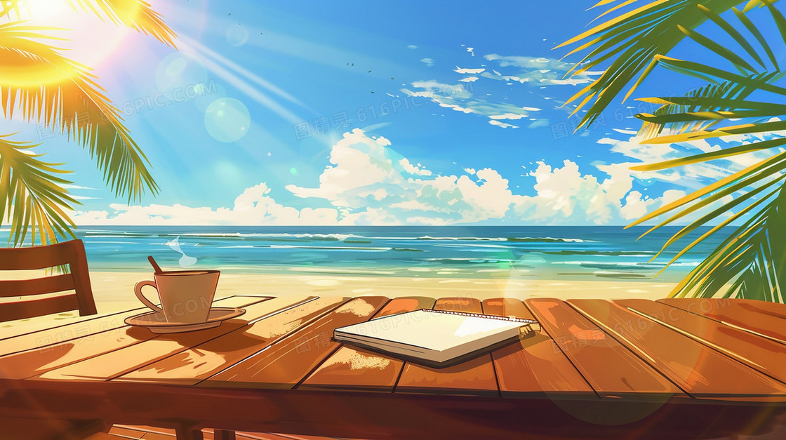海边木桌上的笔记本与咖啡插画