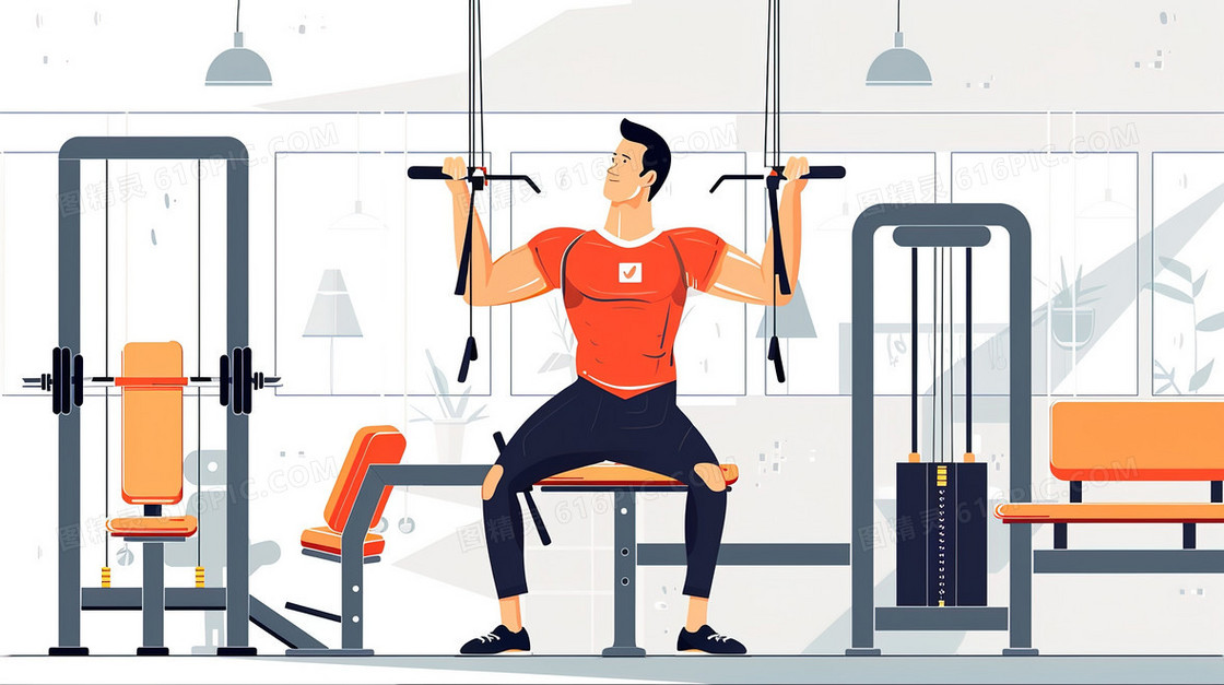 健身房里做健身的男子插画
