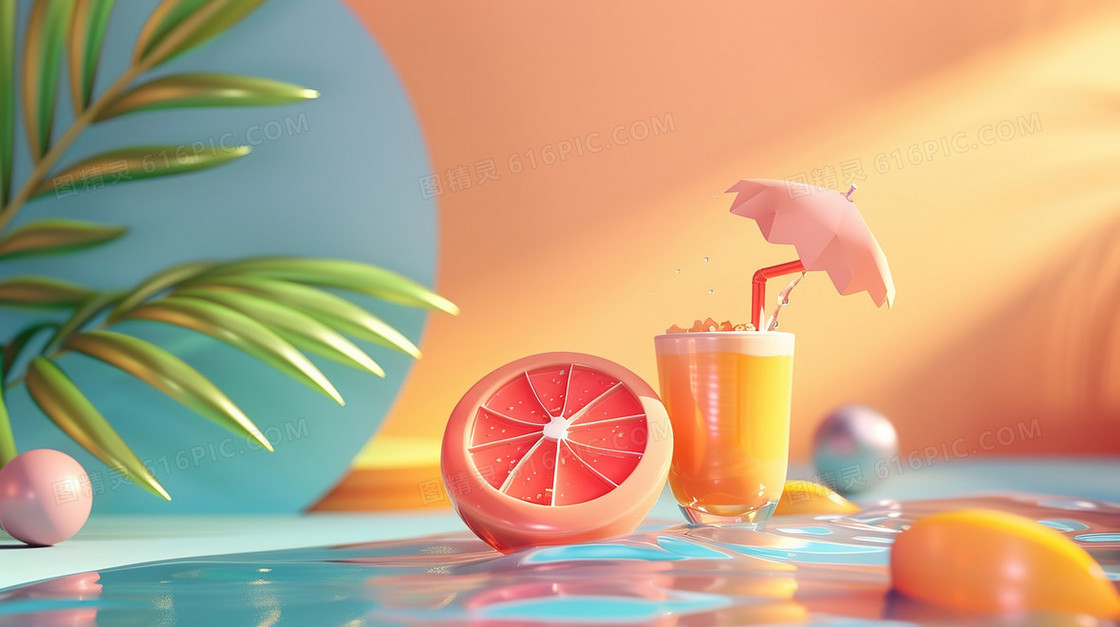 夏日清凉鲜果汁饮料插画