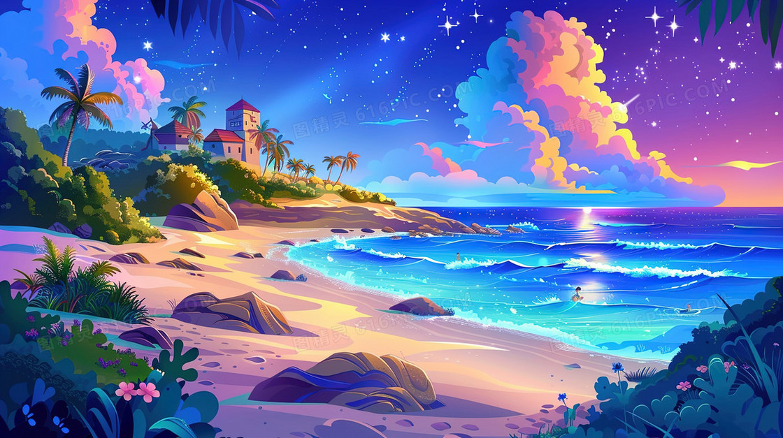 夏季的海岛沙滩一角插画