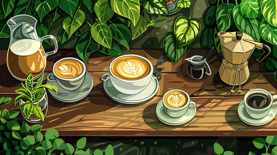 花园木桌上的几杯咖啡插画