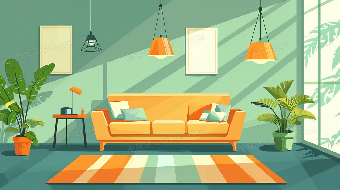 现代简约客厅家具设计摆放插画