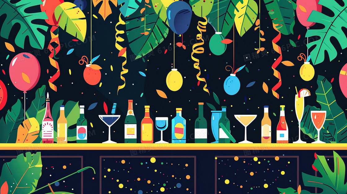 庆祝派对酒吧吧台上摆放着的饮品插画