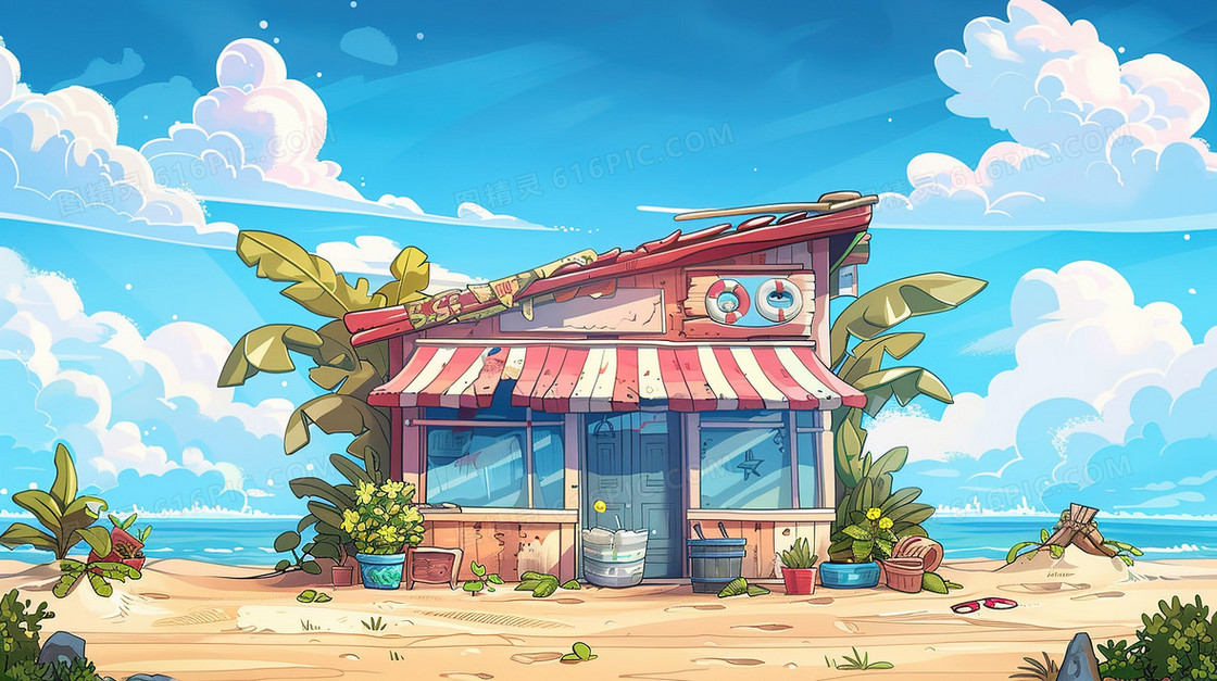 夏季海边小店插画