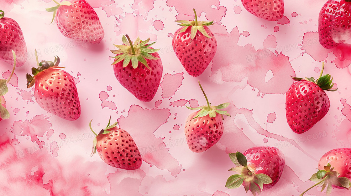粉色水彩背景上散落的草莓插画