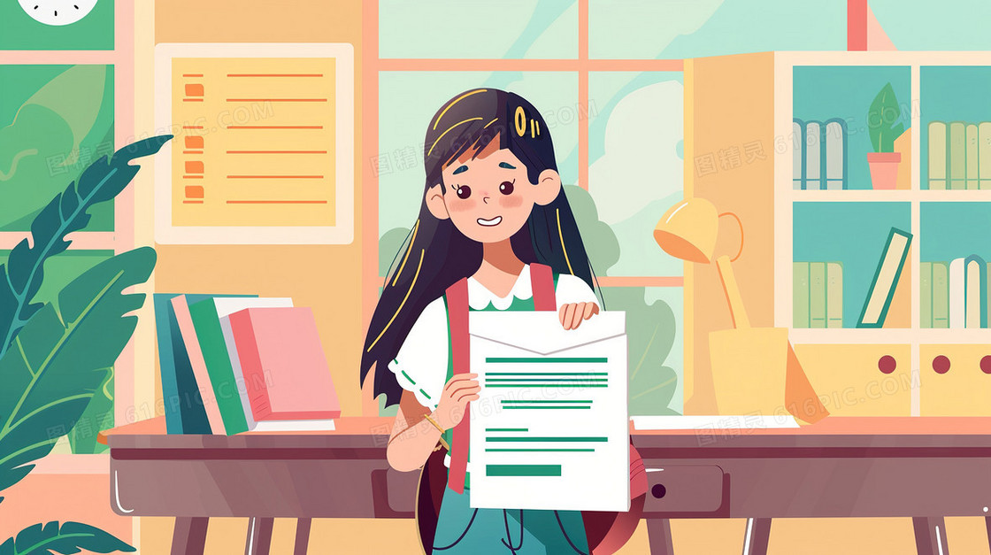 双手拿证书的小女孩插画