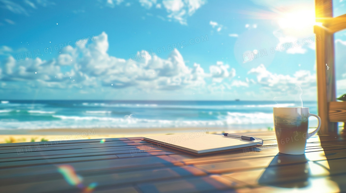海边木桌上的笔记本与咖啡插画