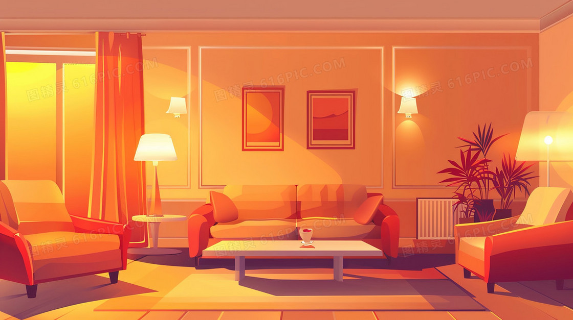 现代简约客厅家具设计摆放插画