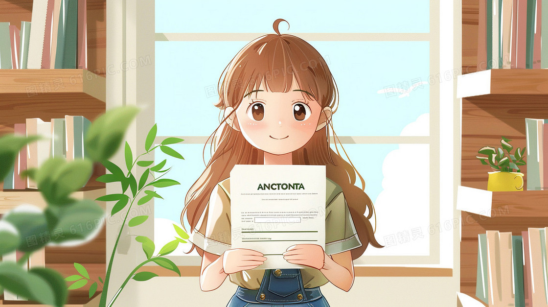 双手拿证书的小女孩插画