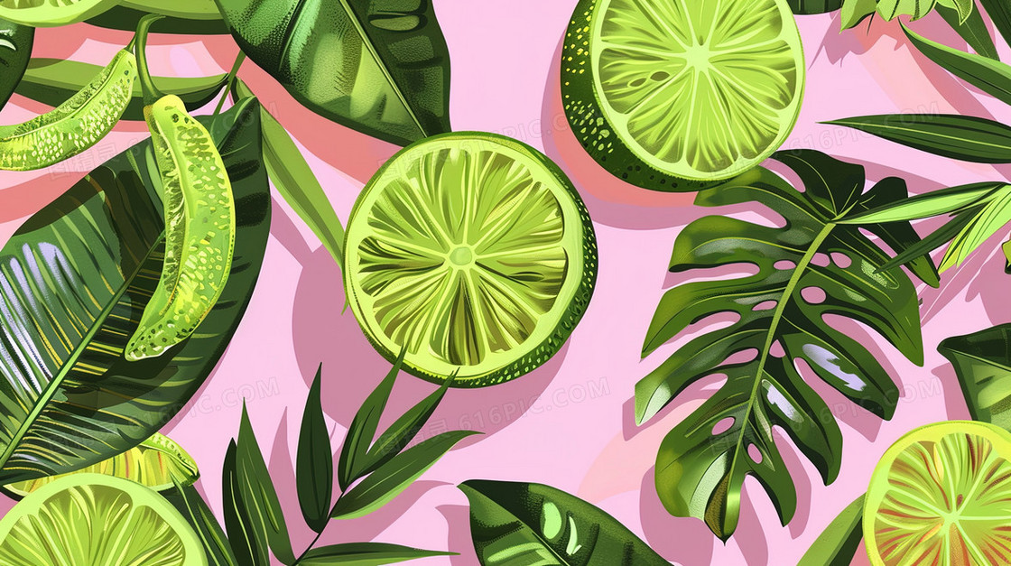 粉红色底色上的青柠檬与绿叶装饰背景