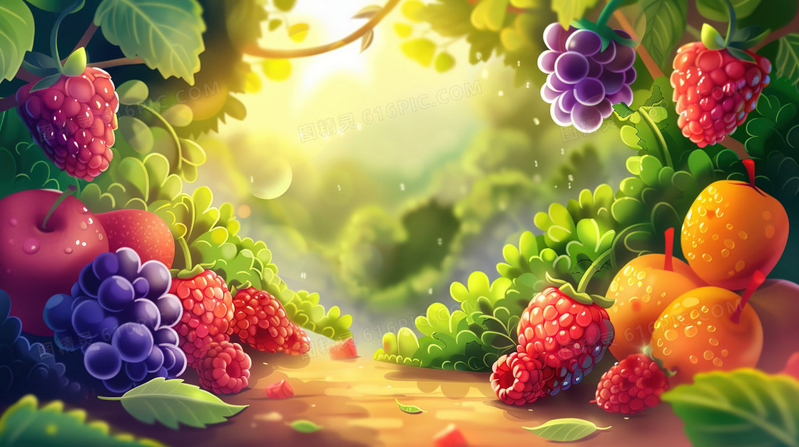 夏日森林中的缤纷水果插画
