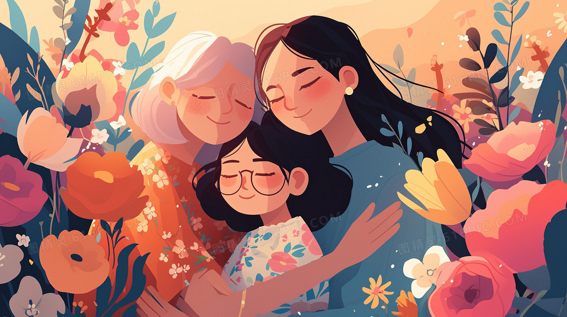 祖孙三人拍摄合影插画