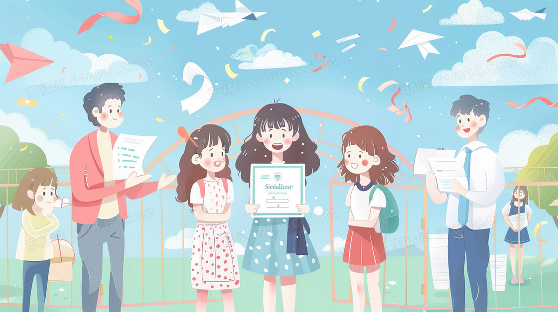 校门口手拿录取通知书的女孩插画