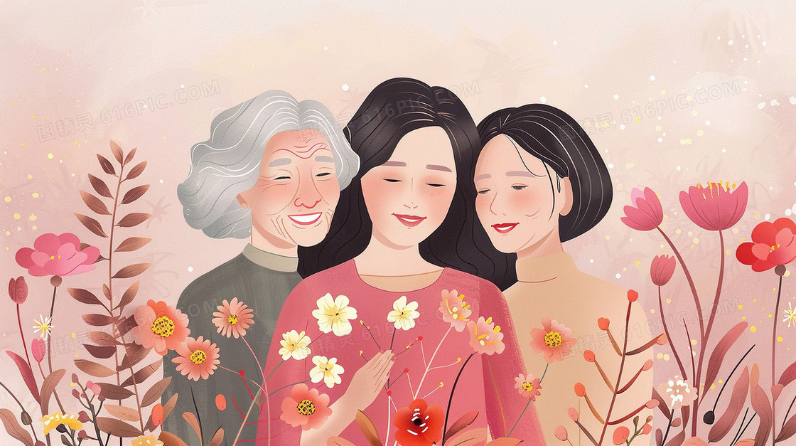 祖孙三人拍摄合影插画