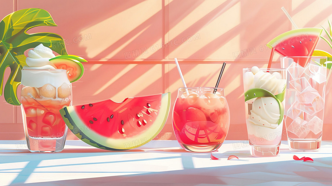 夏日清凉鲜果汁饮料插画