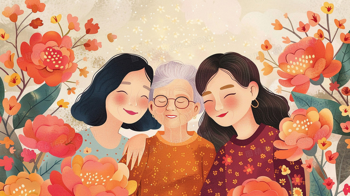 祖孙三人拍摄合影插画