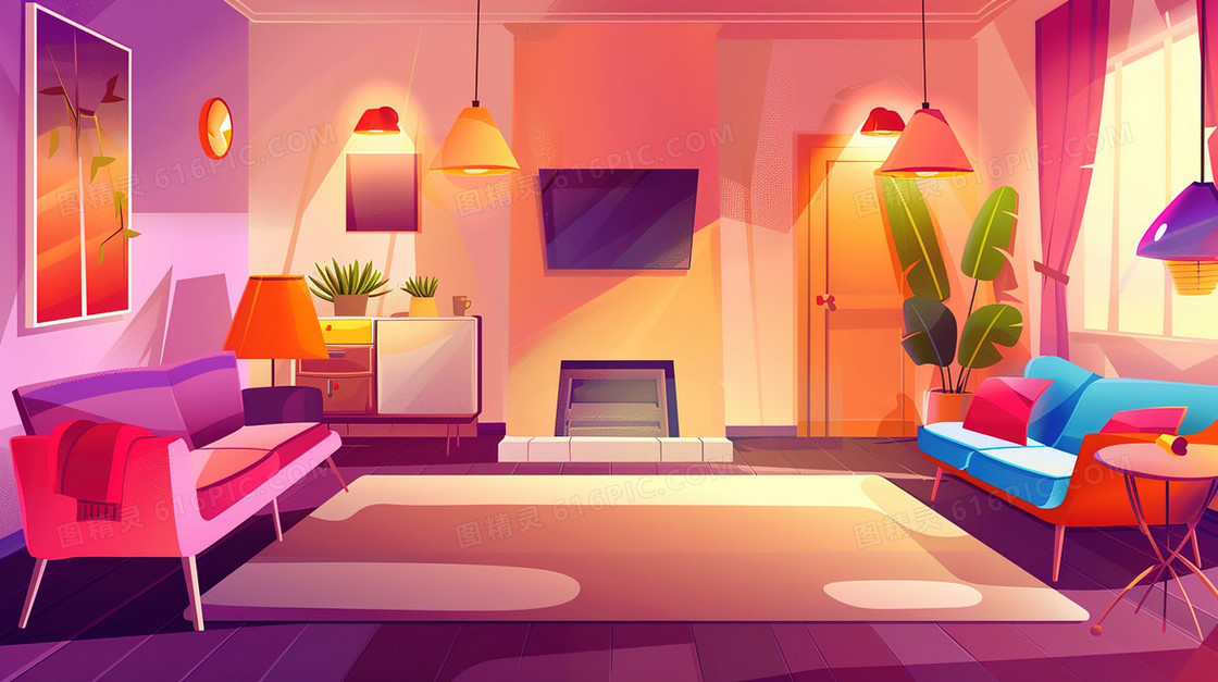 现代简约客厅家具设计摆放插画