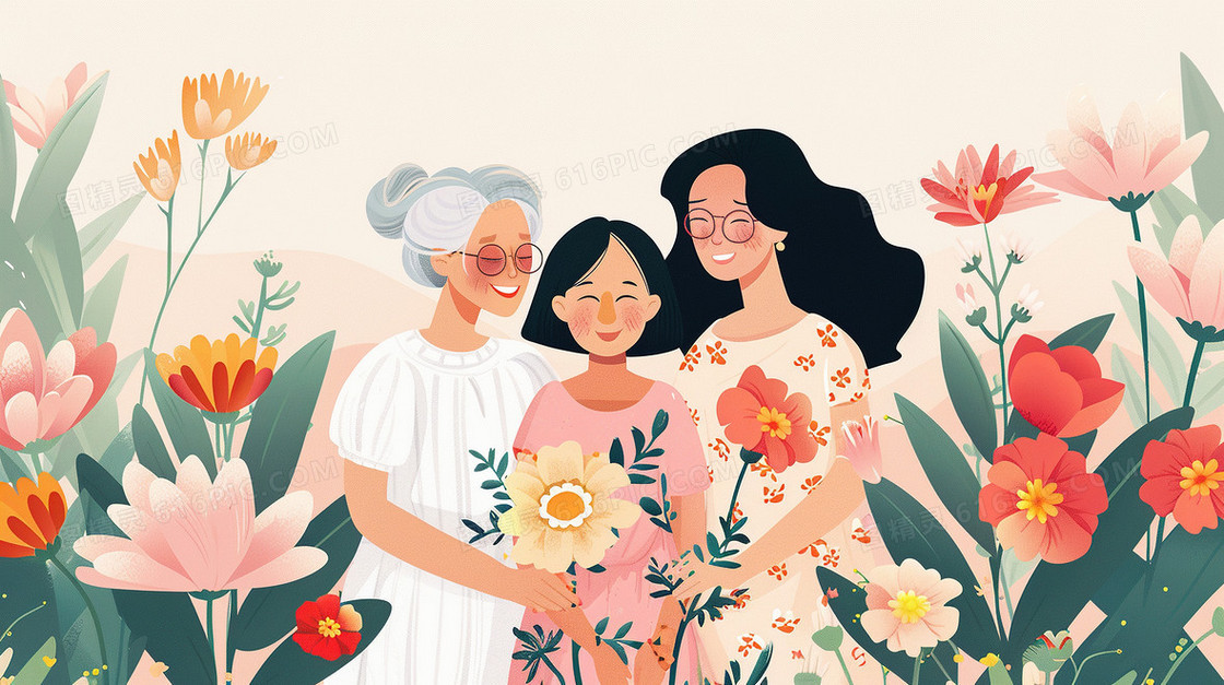 祖孙三人拍摄合影插画